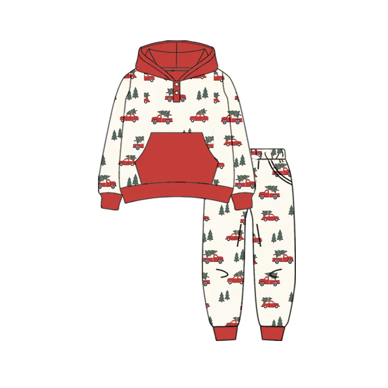 7.10Preorder (moq 5)Baby Boys Long Sleeves Christmas Trees Trucks Pockets Hoodie Pant Clothes Set