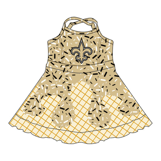7.3Preorder (moq 5)Baby Girls Strap Drip Yellow Anchors Shorts Ruffle Team Knee Length Dresses