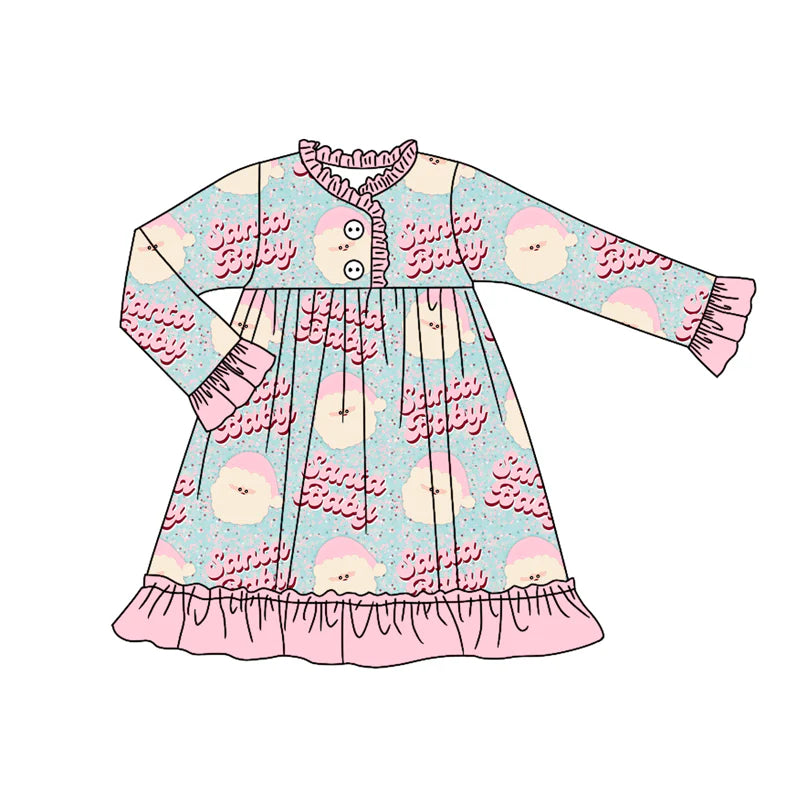 7.11Preorder (moq 5)Baby Girls Long Ruffle Sleeves Pink Santa Babe Button Knee Length Dress