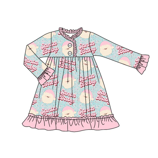 7.11Preorder (moq 5)Baby Girls Long Ruffle Sleeves Pink Santa Babe Button Knee Length Dress