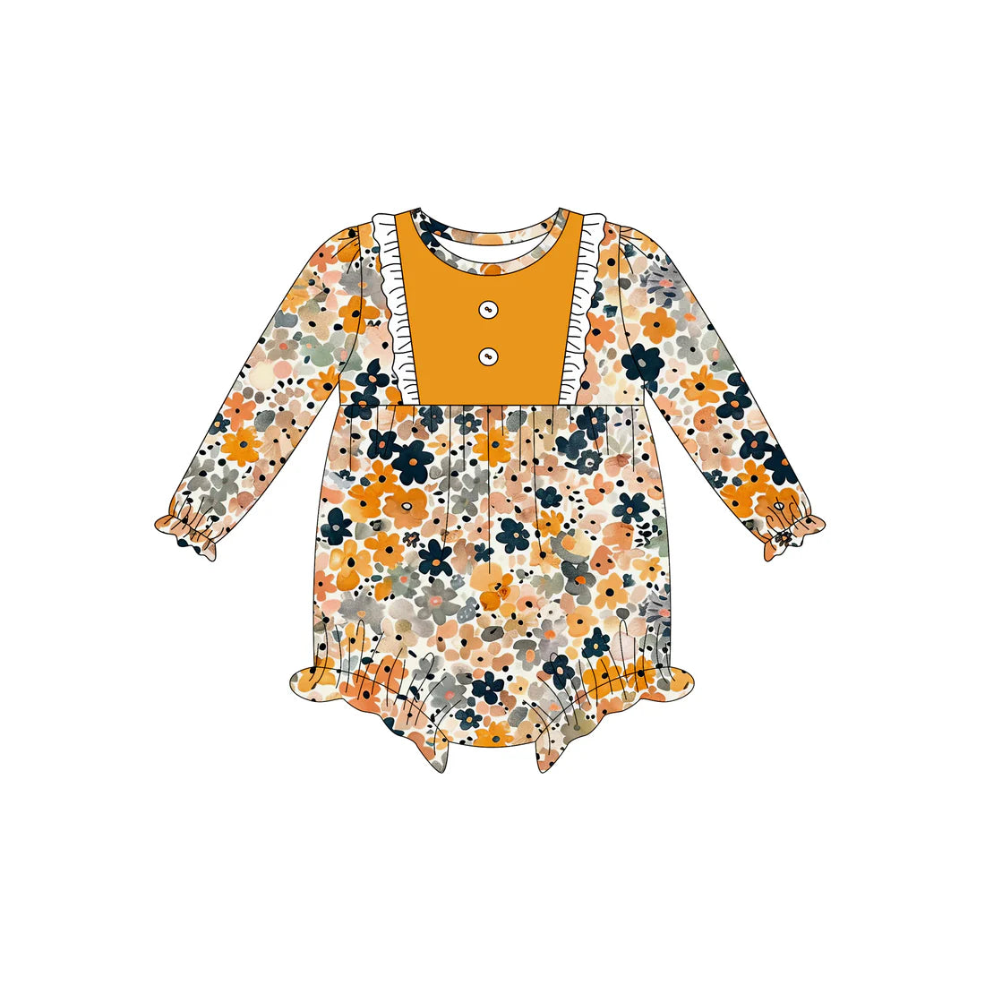 7.14Preorder (moq 5)Baby Girls Long Sleeves Blue Yellow Floral Button Ruffle Romper