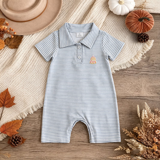 NEW RTS NO MOQ milk silk SR4281 Embroidery Candy Baby Boys Blue Stripe Halloween Button Romper