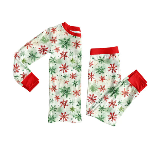 7.19Preorder (moq 5)Baby Girls Long Sleeves Green Red Snowflake Top Pants Pajamas Set