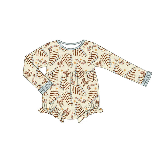 7.14Preorder (moq 5)Baby Girls Long Sleeves Yellow Trees Bows Candy Cane Ruffle Romper