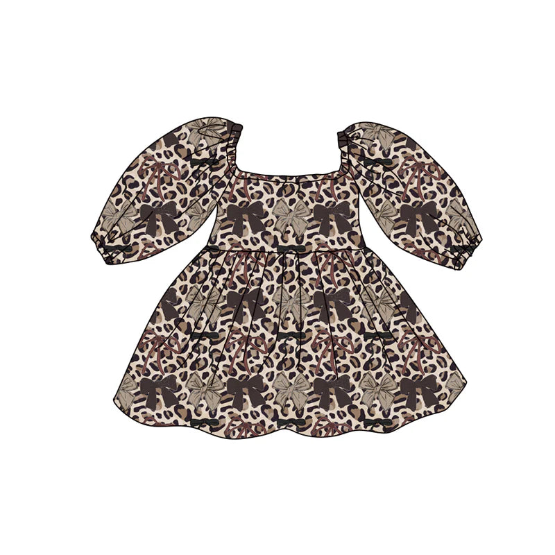 X12.16 Preorder (moq 5)Baby Girls Leopard Bows Western Knee Length Dresses