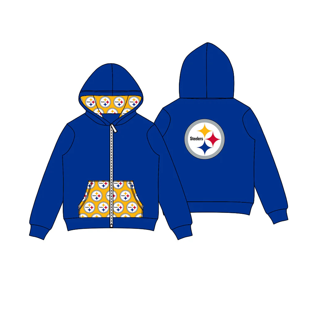 8.5Preorder (moq 5)Baby Boys Hot Blue Steelers Stars Team Pocket Zipper Hoodies Tops