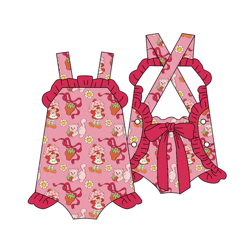 X11.14 Preorder (moq 5)Baby Girls Strap Flowers Strawberry Girls Back Bows Ruffle Rompers