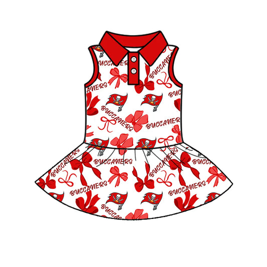 7.1Preorder (moq 5)Baby Girls Red Sleeveless Bows Plaid Buccaners Button Team Knee Length Dresses