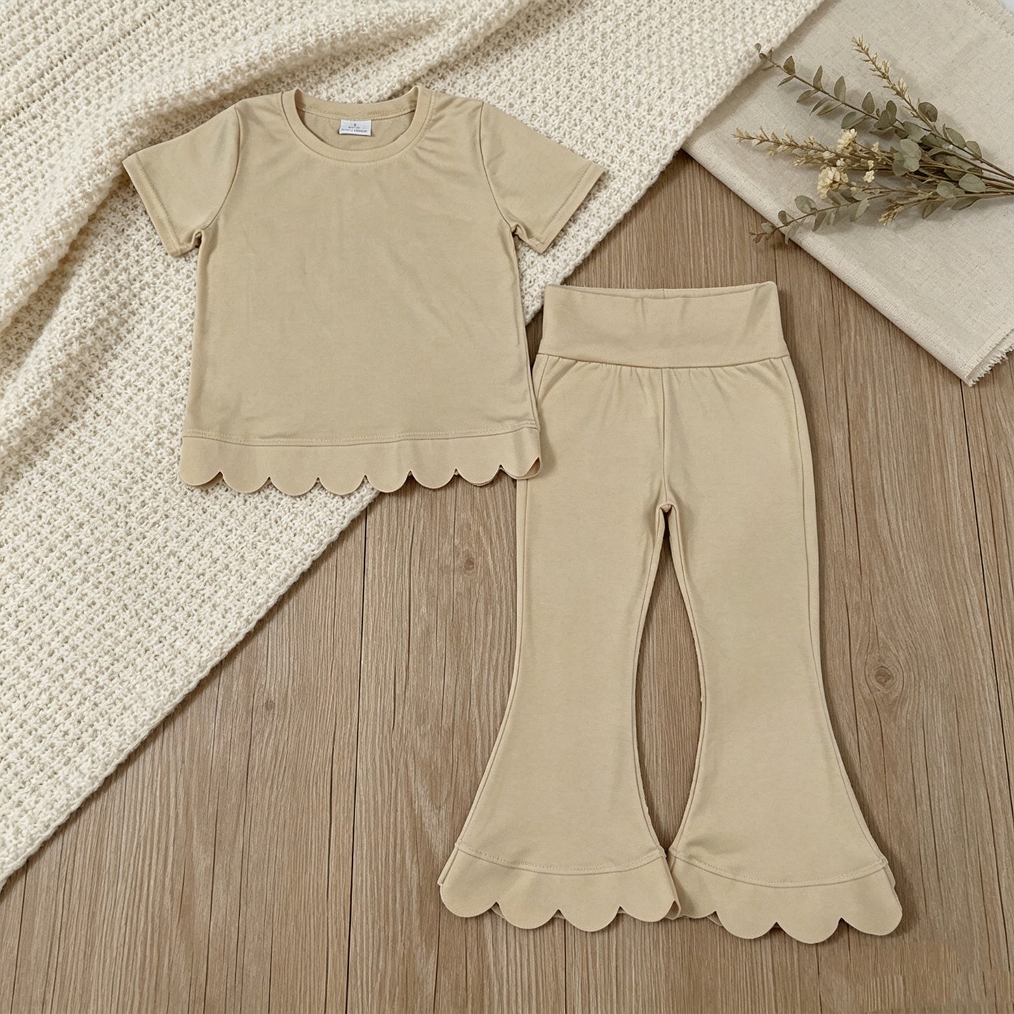 NEW RTS NO MOQ cotton GSPO2340（GT1770+P1078）Baby Girls White Short Sleeve Shirts Top Flare Pant Scallop Sets