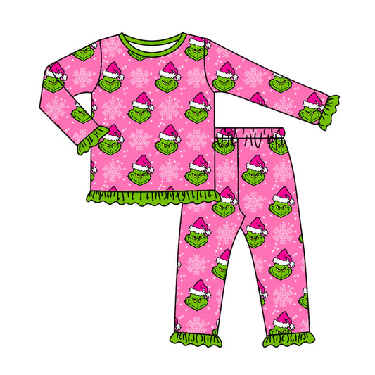 8.2Preorder (moq 5)Baby Girls Green Face Snowflake Top Pant Christmas Pajamas Set