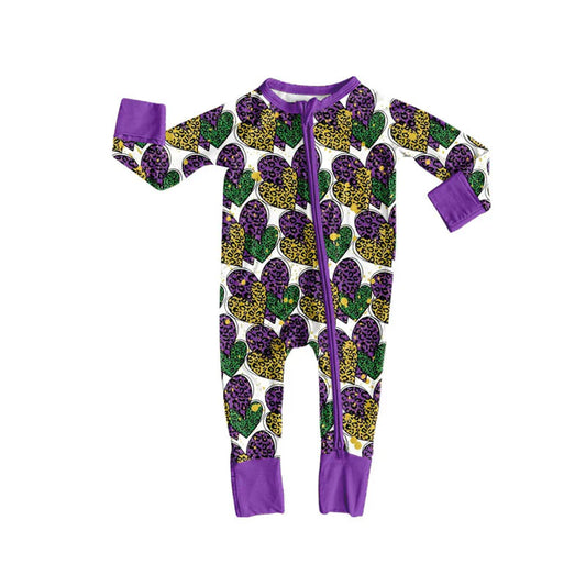 X924Preorder (moq 5)Baby Girls Leopard Hearts Mardigras Zipper Footie Rompers