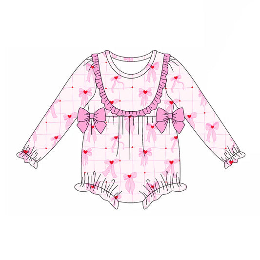 7.19Preorder(moq 5)Baby Girls Pink Hearts Bows Plaid Ruffle Rompers