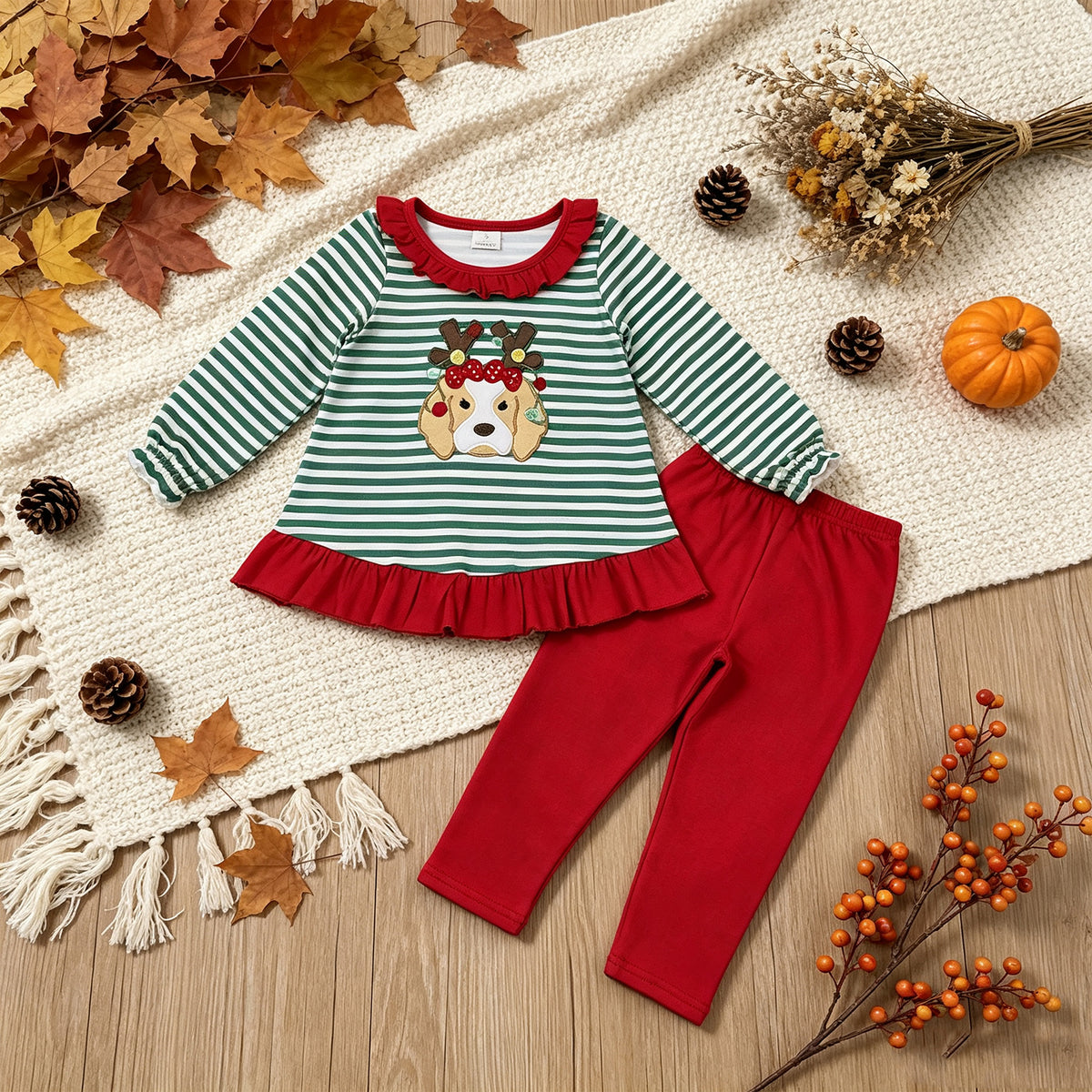 RTS NO MOQ milk silk GLP3494 Embroidery Lights Dog Baby Girls Green Stripe Tunic Leggings Christmas Clothes Sets
