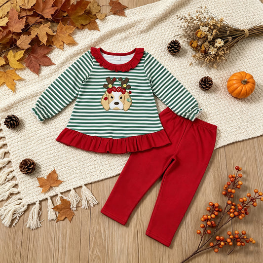 RTS NO MOQ milk silk GLP3494 Embroidery Lights Dog Baby Girls Green Stripe Tunic Leggings Christmas Clothes Sets