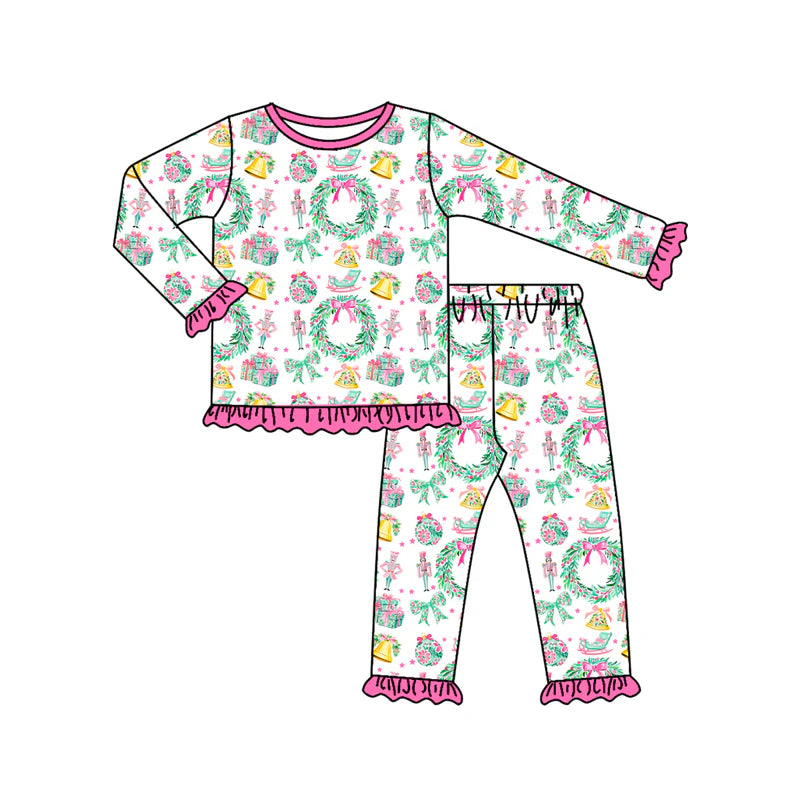 7.10Preorder (moq 5)Baby Girls Long Sleeves Holly Soldiers Top Ruffle Pant Pajamas Clothes Set