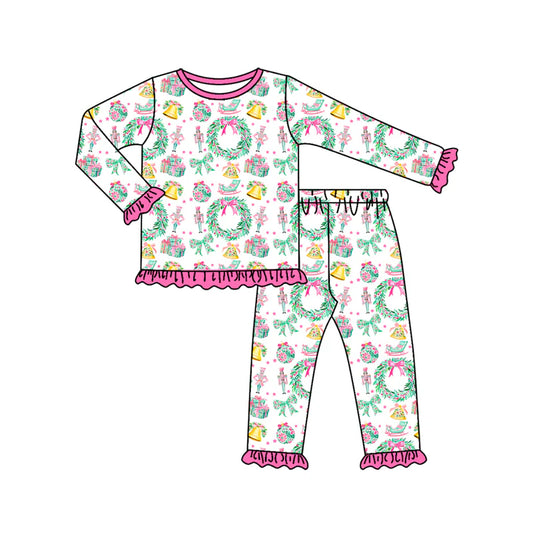 7.10Preorder (moq 5)Baby Girls Long Sleeves Holly Soldiers Top Ruffle Pant Pajamas Clothes Set