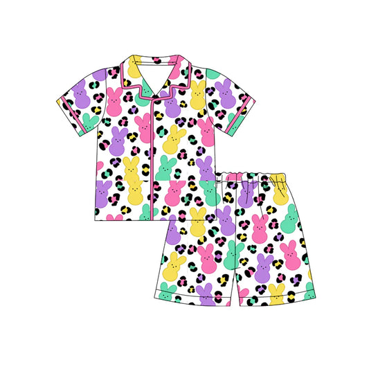 X12.18 Preorder (moq 5)Baby Girls Colorful Rabbits Leopard Button Top Shorts Easter Pajamas Sets