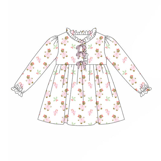 7.31preorder(moq 5) Baby Girls Long Sleeves Pink Gingerbread Holly Plaid Knee Length Dress
