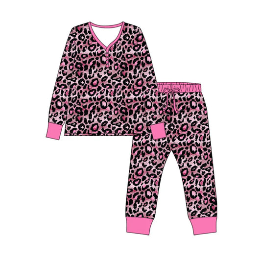X920Preorder (moq 5)Baby Girls Pink Black Leopard Button Top Pants Pajamas Sets