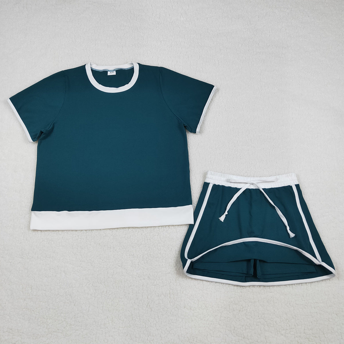 3.30 GSD3673 Adult Women Dark Green Short Sleeve Top Skirt Shorts Cotton Clothes Set