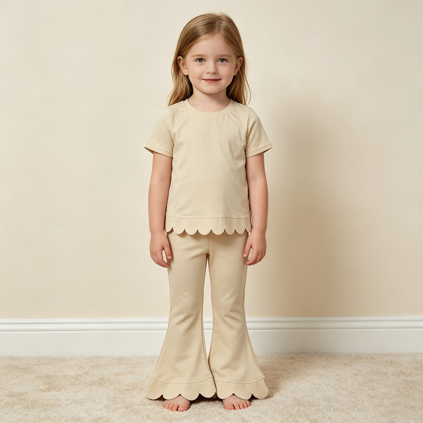 NEW RTS NO MOQ cotton GSPO2340（GT1770+P1078）Baby Girls White Short Sleeve Shirts Top Flare Pant Scallop Sets