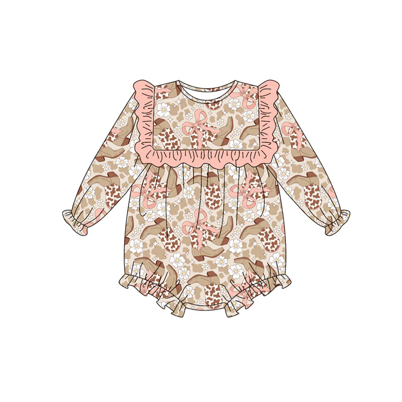 7.15Preorder (moq 5)Baby Girls Long Sleeves Bows Leopard Boots Flowers Ruffle Romper