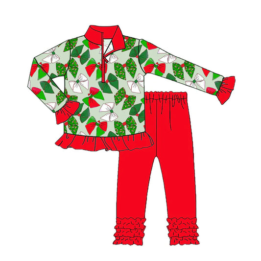 X917Preorder (moq 5)Baby Girls Long Ruffle Sleeves Green Bows Plaid Zipper Top Legging Pants Set