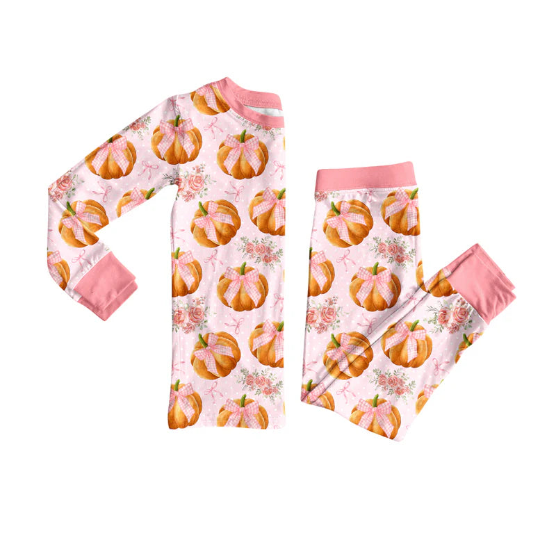 7.16Preorder (moq 5)Baby Girls Long Sleeves Bows Pumpkins Top Pant Pajamas Set