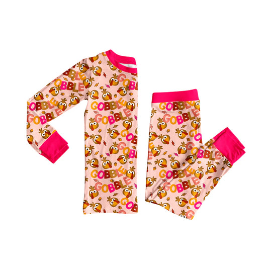 7.11Preorder (moq 5)Baby Girls Long Sleeves Pink Turkey Plaid Top Pants Pajamas Set