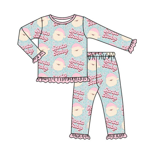 7.10Preorder (moq 5)Baby Girls Long Sleeves Pink Santa Babe Top Pant Pajamas Clothes Set