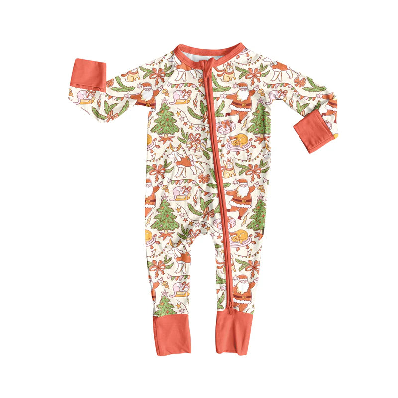 7.14Preorder (moq 5)Baby Girls Long Sleeves Peach Santa Trees Zipper Romper