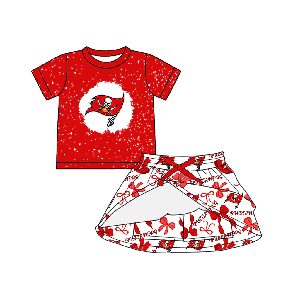 7.1Preorder (moq 5)Baby Girls Red Short Sleeves Buccaners Top Bows Plaid Skorts Team Set