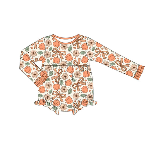 7.15Preorder (moq 5)Baby Girls Long Sleeves Peach Pumpkins Bows Flowers Ruffle Romper