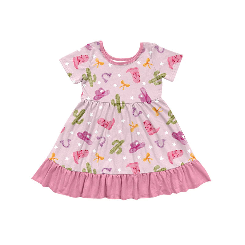 X1.15 Preorder (moq 5)Baby Girls Cactus Hats Boots Western Ruffle Knee Length Dresses