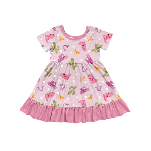 X1.15 Preorder (moq 5)Baby Girls Cactus Hats Boots Western Ruffle Knee Length Dresses