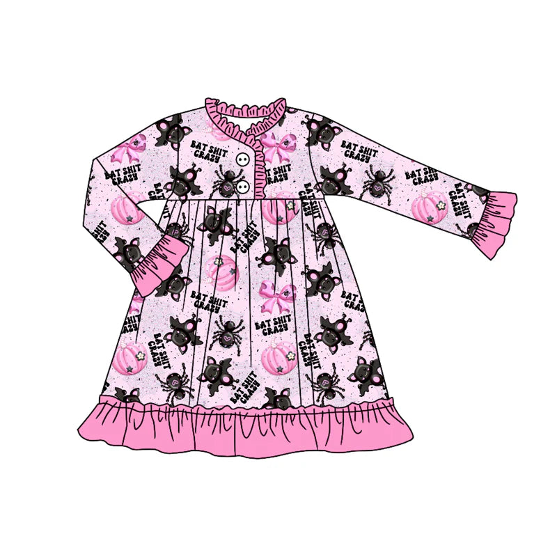 7.31Preorder(moq 5) Baby Girls Long Ruffle Sleeves Bats Pumpkins Plaid Button Knee Length Dresses