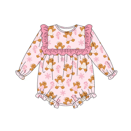 7.15Preorder (moq 5)Baby Girls Long Sleeves Pink Gingerbread Bows Candy Cane Ruffle Romper