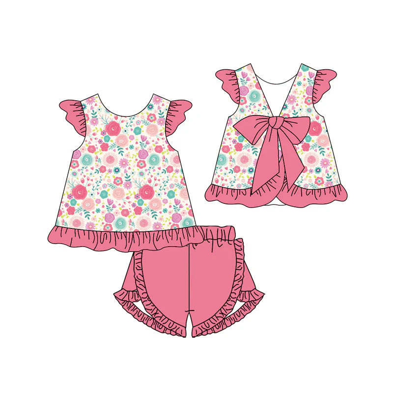 X11.12Preorder(moq 5) Baby Girls Colorful Flowers Back Bows Tunic Ruffle Shorts Clothes Sets