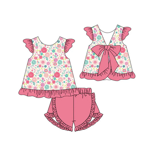 X11.12Preorder(moq 5) Baby Girls Colorful Flowers Back Bows Tunic Ruffle Shorts Clothes Sets