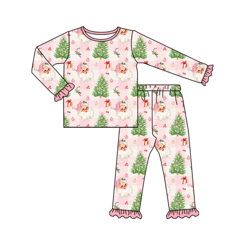 7.16Preorder (moq 5)Baby Girls Long Ruffle Sleeves Santa Trees Plaid Top Pant Pajamas Set