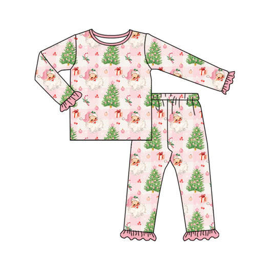 7.16Preorder (moq 5)Baby Girls Long Ruffle Sleeves Santa Trees Plaid Top Pant Pajamas Set