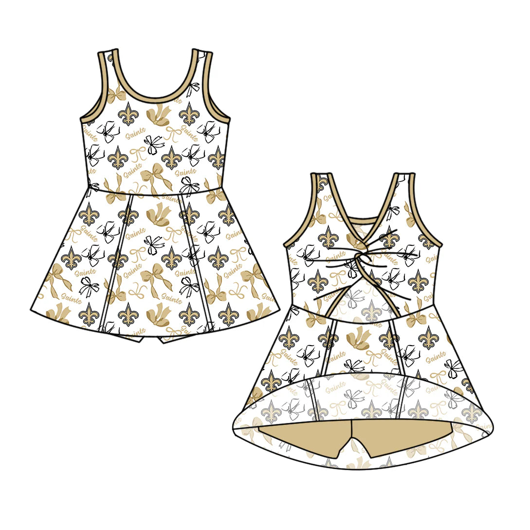 6.30Preorder (moq 5)Baby Girls Yellow Sleeveless Bows Plaid Saints Shorts Team Knee Length Dresses