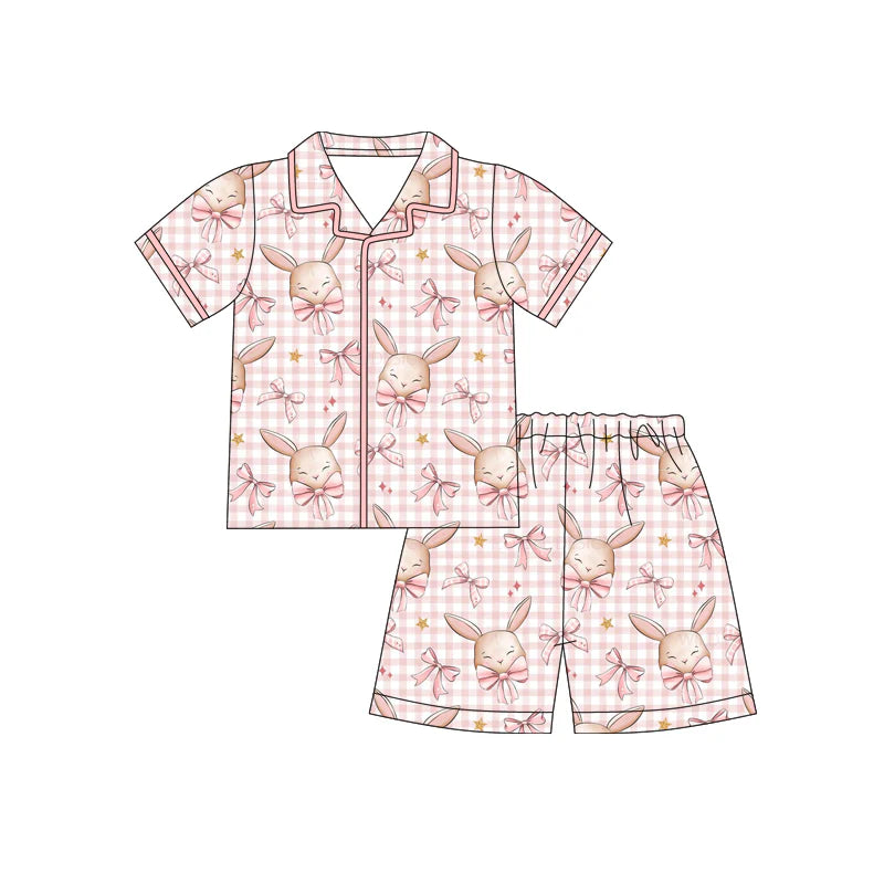 X12.18 Preorder (moq 5)Baby Girls Pink Rabbits Bows Checked Button Top Shorts Easter Pajamas Sets