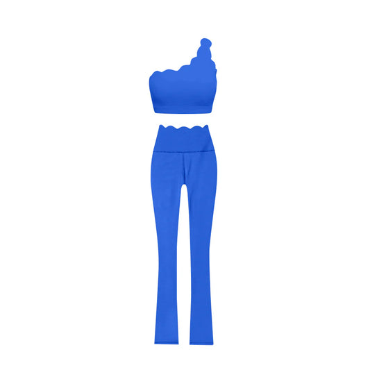 6.28Preorder (moq 5)Baby Girls Blue One Shoulder Scallop Top Bell Bottom Pants Yoga Sets