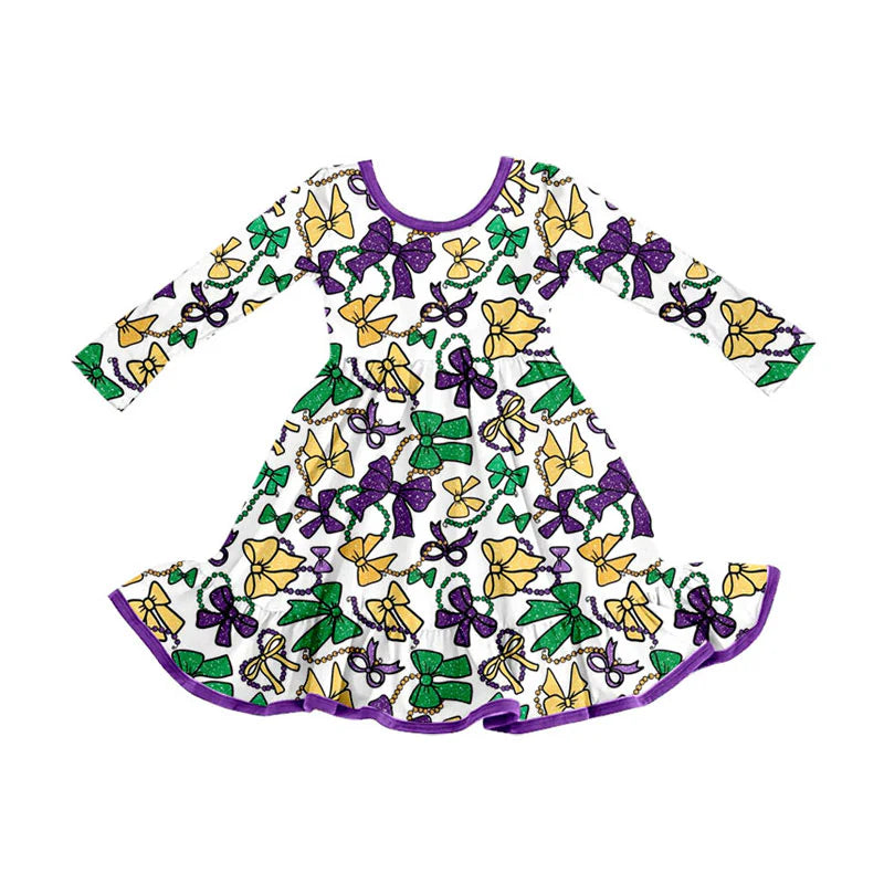 X925Preorder (moq 5)Baby Girls Purple Yellow Green Bows Mardigras Ruffle Knee Length Dress