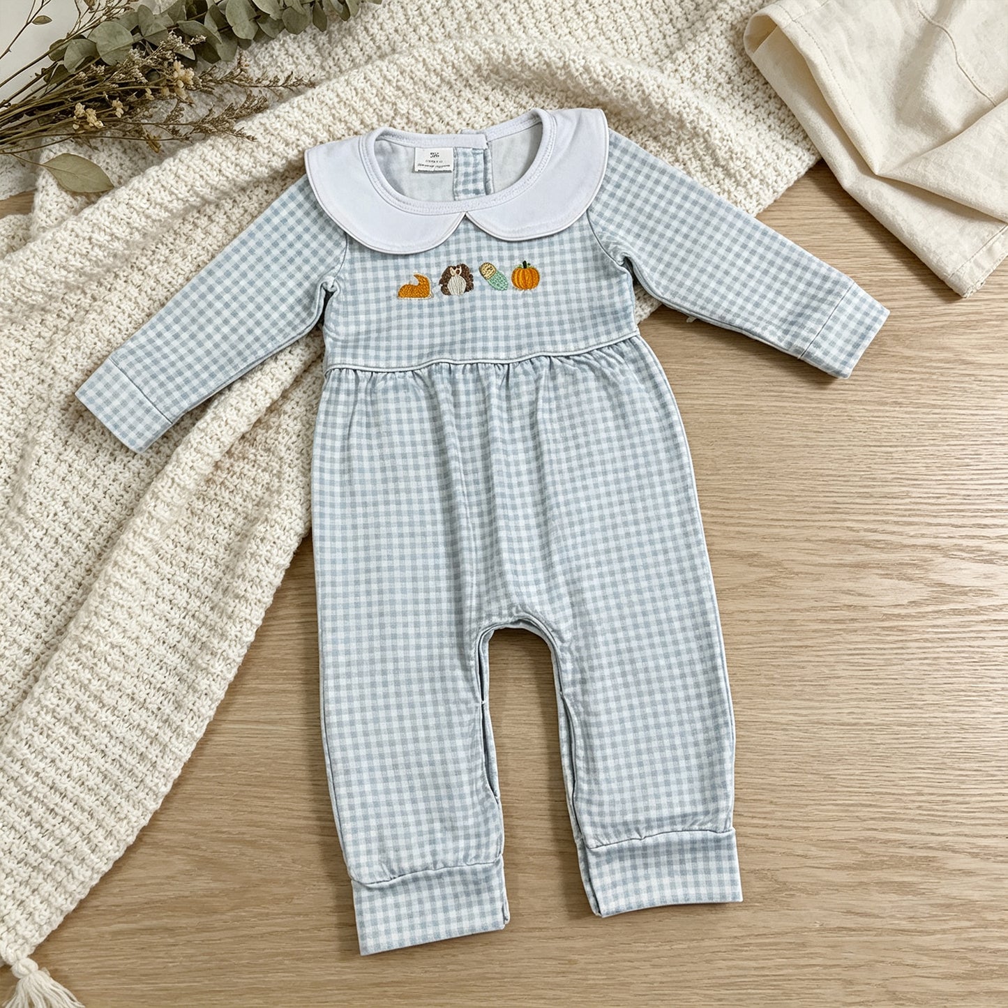 NEW RTS NO MOQ milk silk LR3105 Embroidery Turkey Pumpkins Baby Kids Thanksgiving Pant Rompers