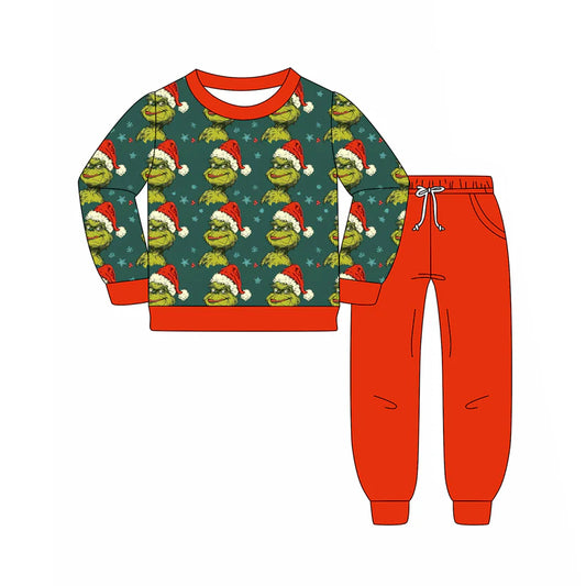 8.8Preorder(moq 5) Baby Boys Green Face Stars Stripe Top Pockets Legging Pants Christmas Set