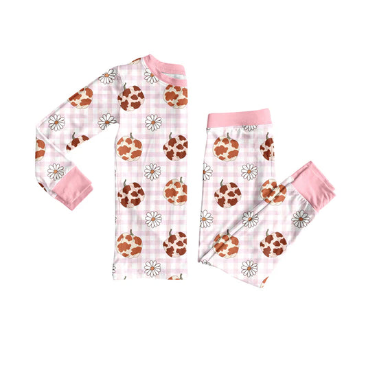 8.9Preorder (moq 5)Baby Girls Pink Camo Pumpkins Daisy Plaid Top Pant Fall Pajamas Set
