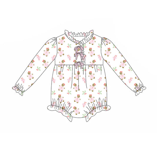 8.6Preorder(moq 5)Baby Infant Girls Bows Candy Cane Gingerbread Ruffle Christmas Rompers