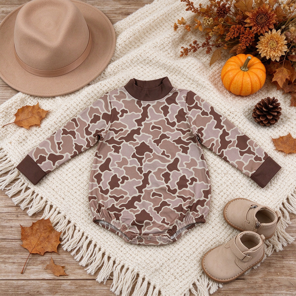 NEW RTS NO MOQ milk silk LR3263 Baby Boys Long Sleeve Khaki Brown Camo Choker Rompers